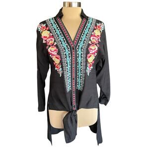 April Sky Black Floral Embroidery Button Up Shirt Tie Front Long Back SMALL Boho